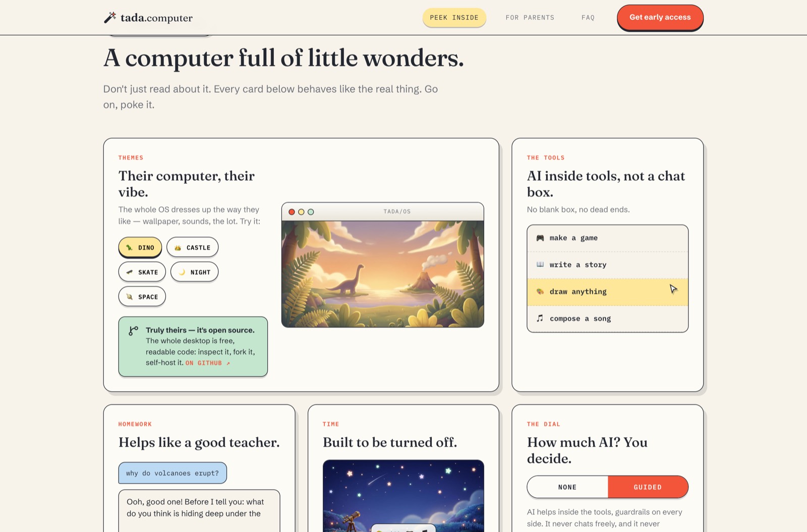 AI sits inside the tools (draw, write, compose) and parents set how much of it, from none to guided.